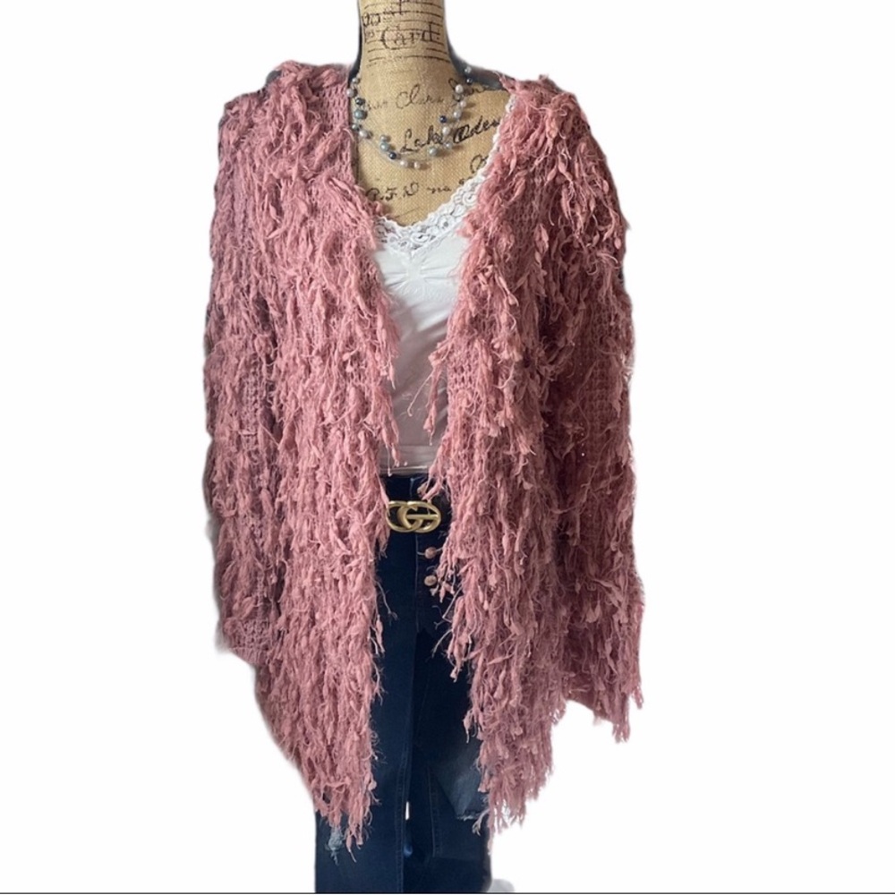 Macaroon pink knit fringed long sleeved cardigan